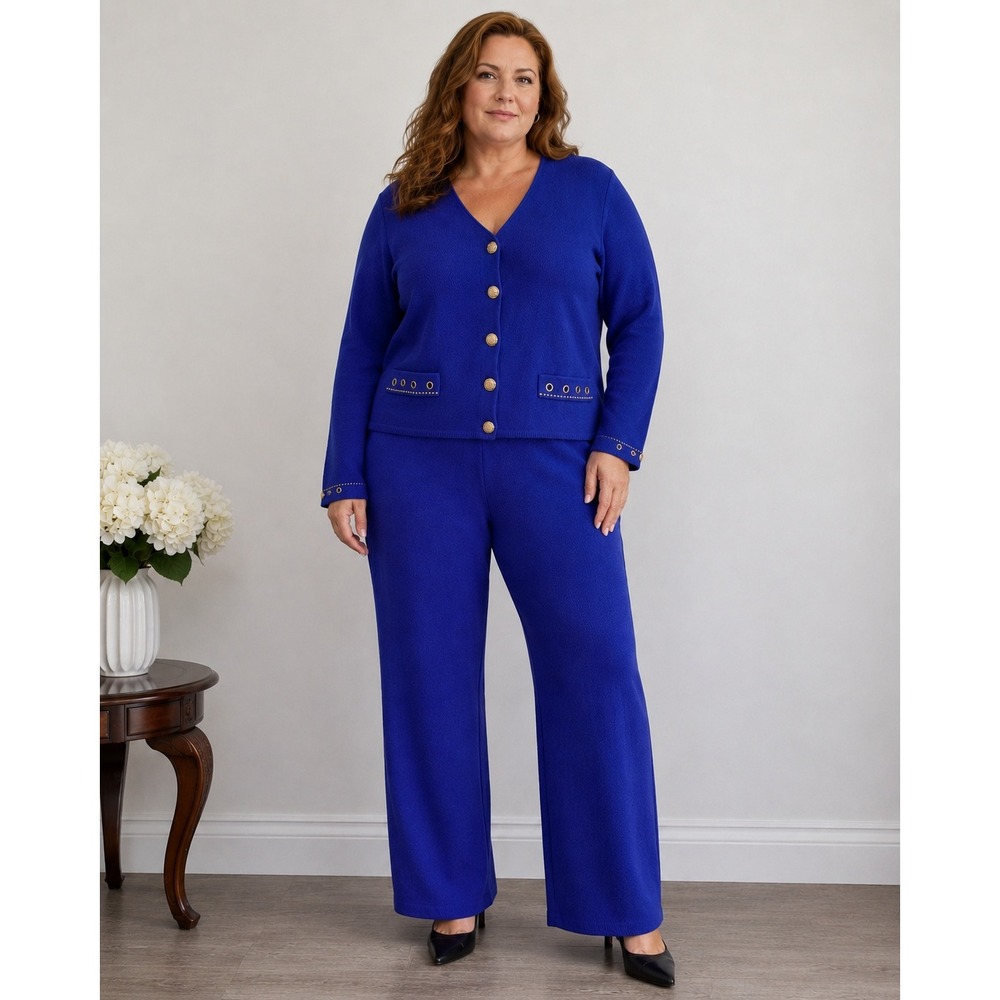Vintage Laura by Alyzia Royal Blue Knit Cardigan Pants Set 18 Classic Old Money